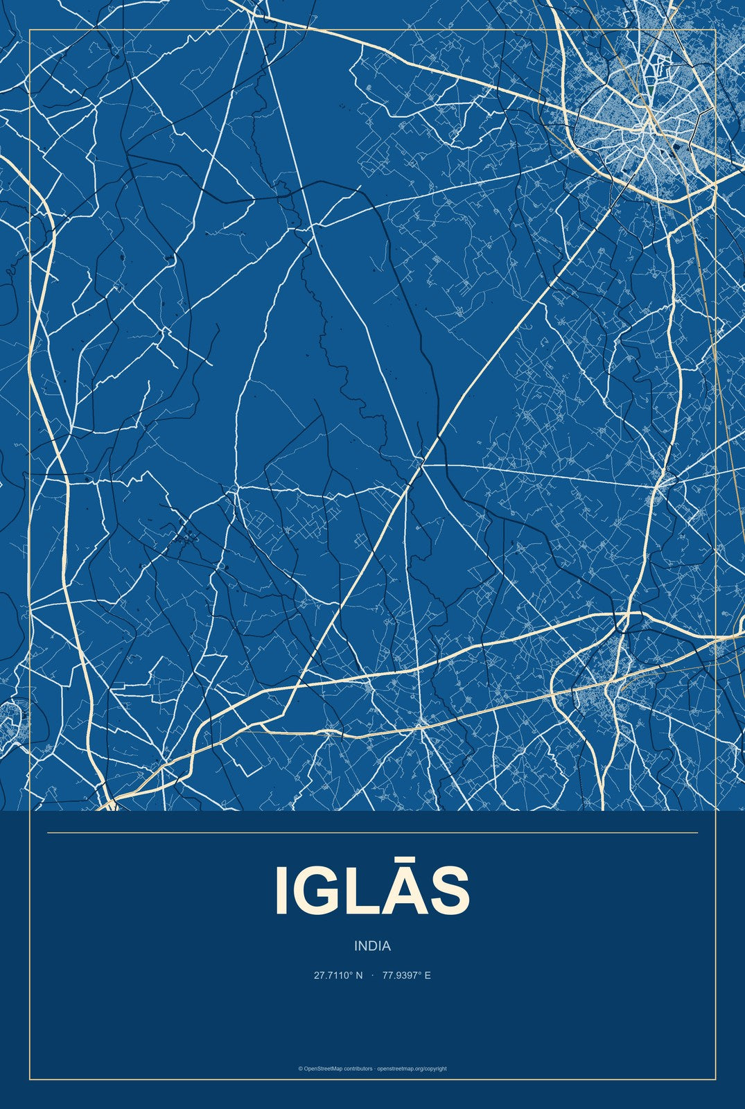 Iglās, India City Map Aluminum Sign in Harbor Cobalt style