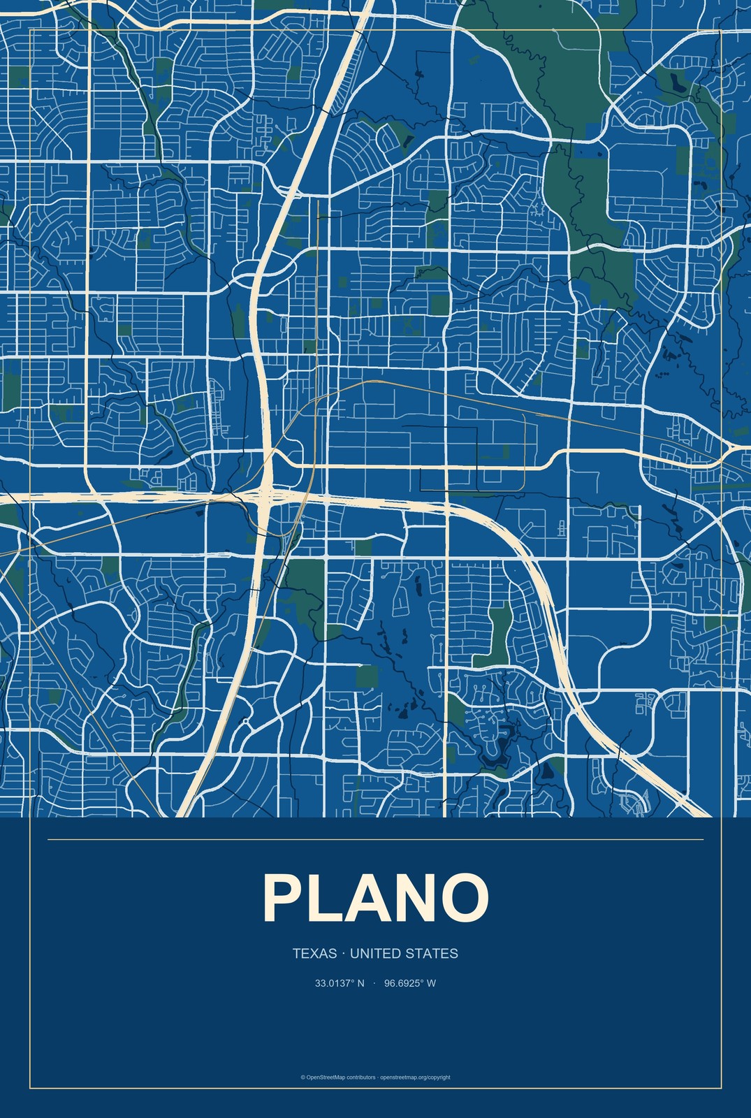 Plano, Texas City Map Aluminum Sign in Harbor Cobalt style