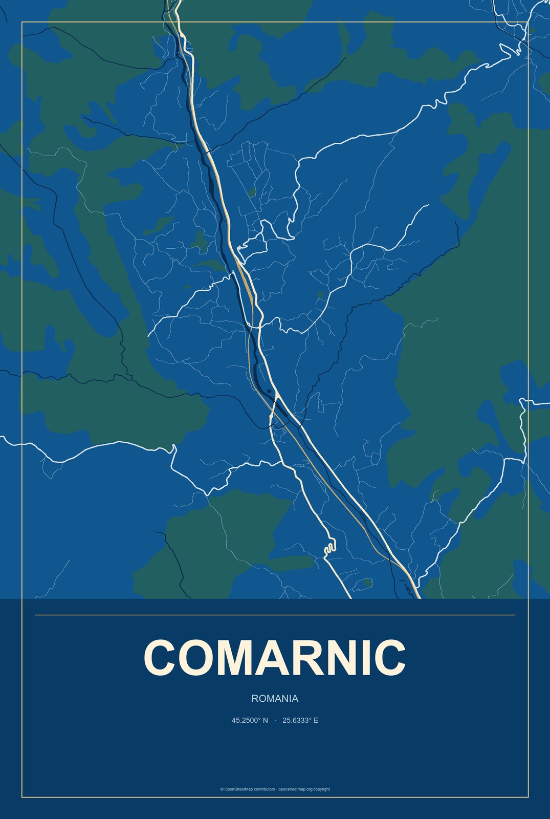 Comarnic, Romania City Map Aluminum Sign in Harbor Cobalt style