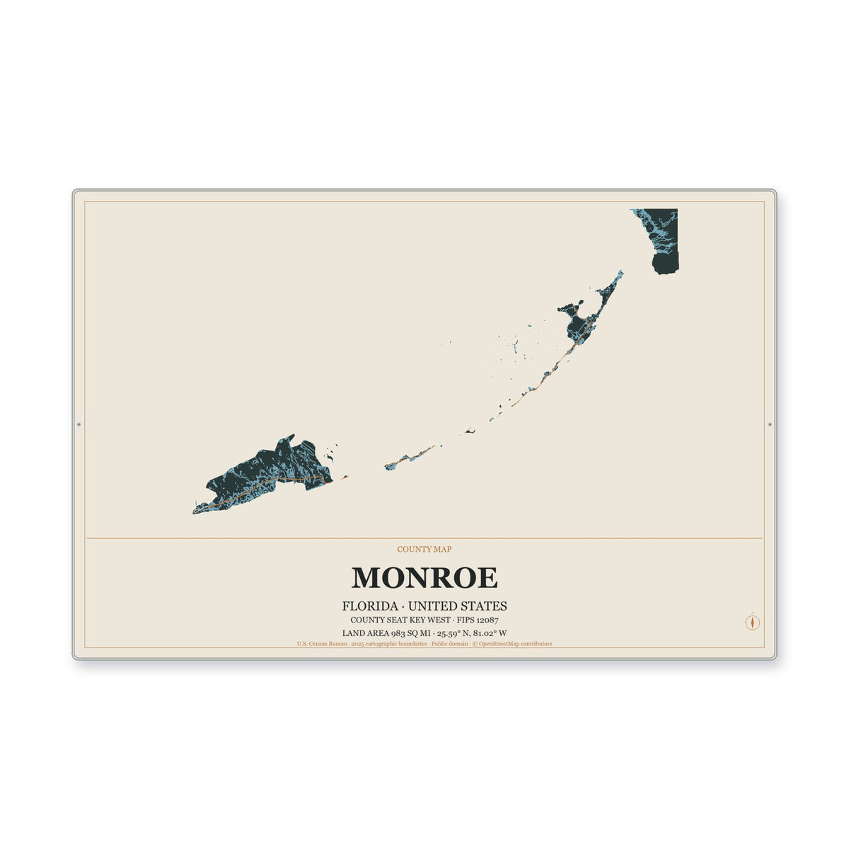 Monroe County, Florida Map Aluminum Sign in Headline Atlas style