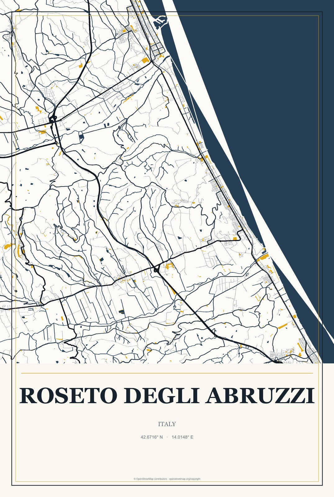 Roseto degli Abruzzi, Italy City Map Aluminum Sign in Citrine Modern style