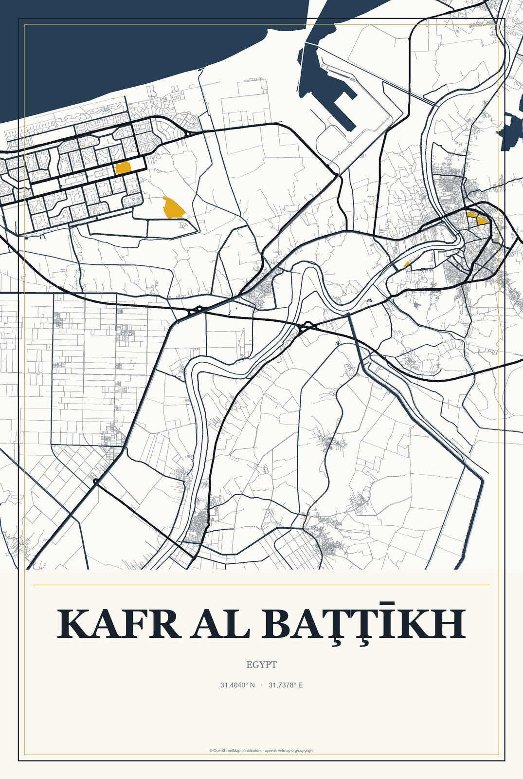 Kafr al Baţţīkh, Egypt City Map Aluminum Sign in Citrine Modern style