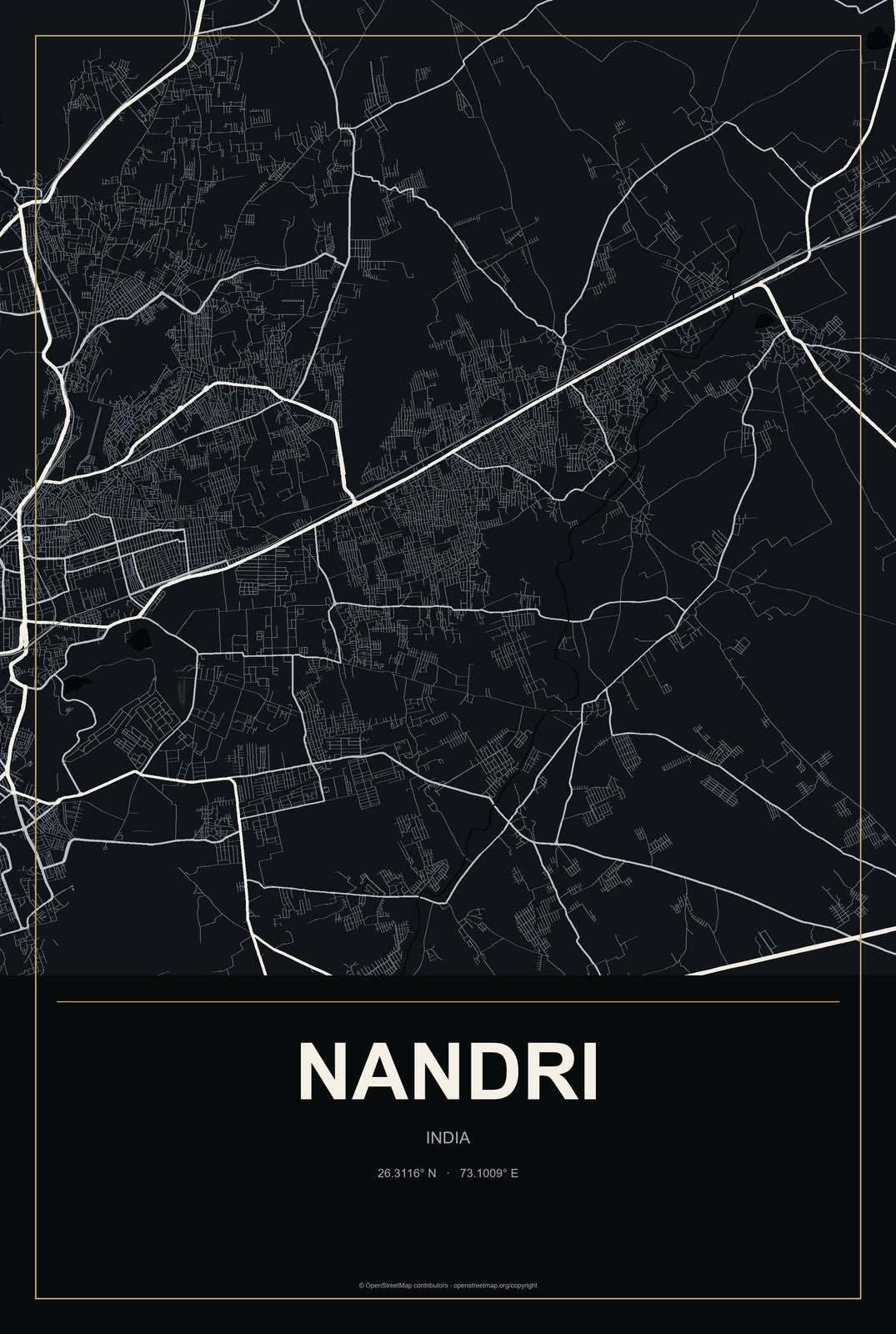 Nandri, India City Map Aluminum Sign in Metropolitan Noir style