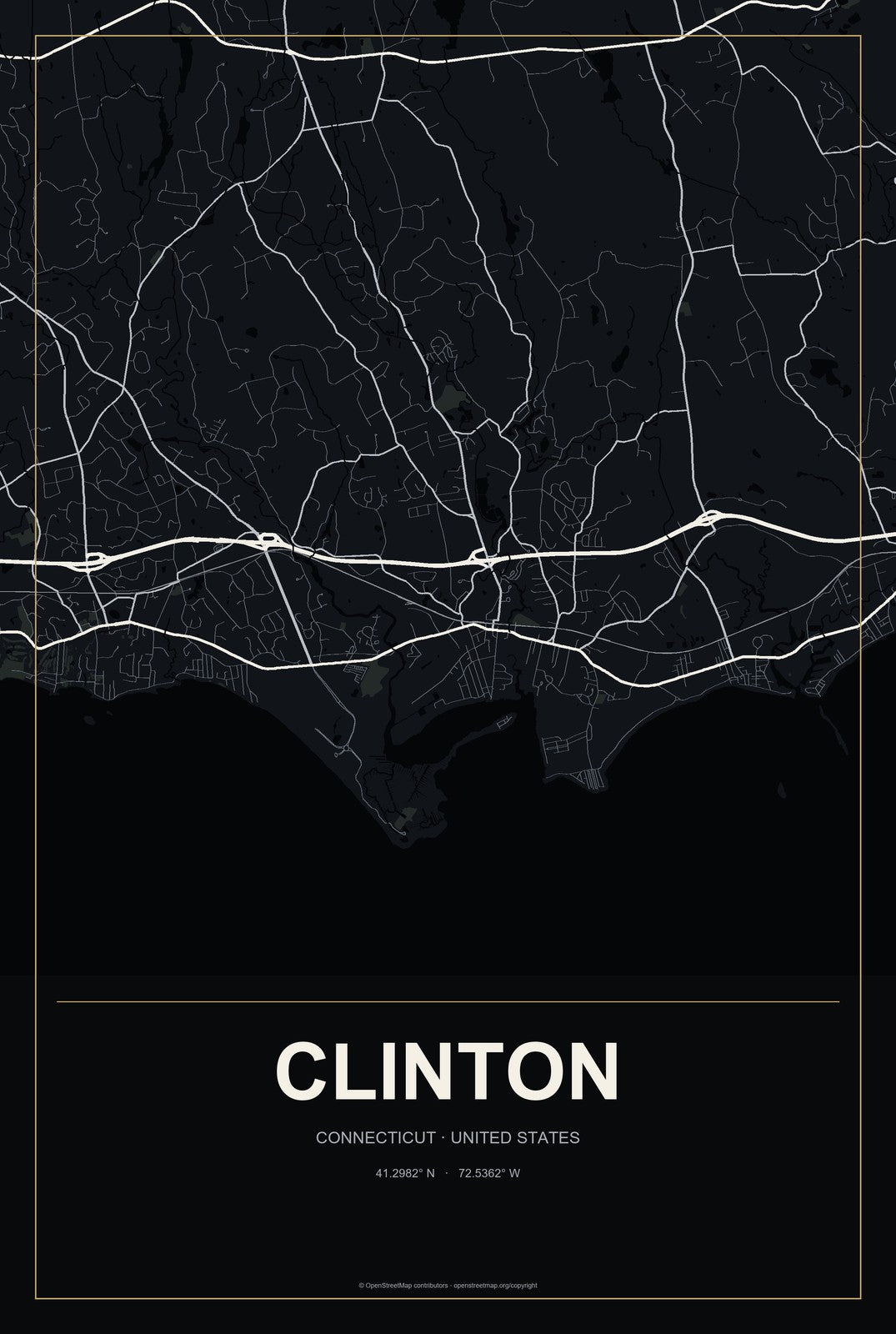 Clinton, Connecticut City Map Aluminum Sign in Metropolitan Noir style
