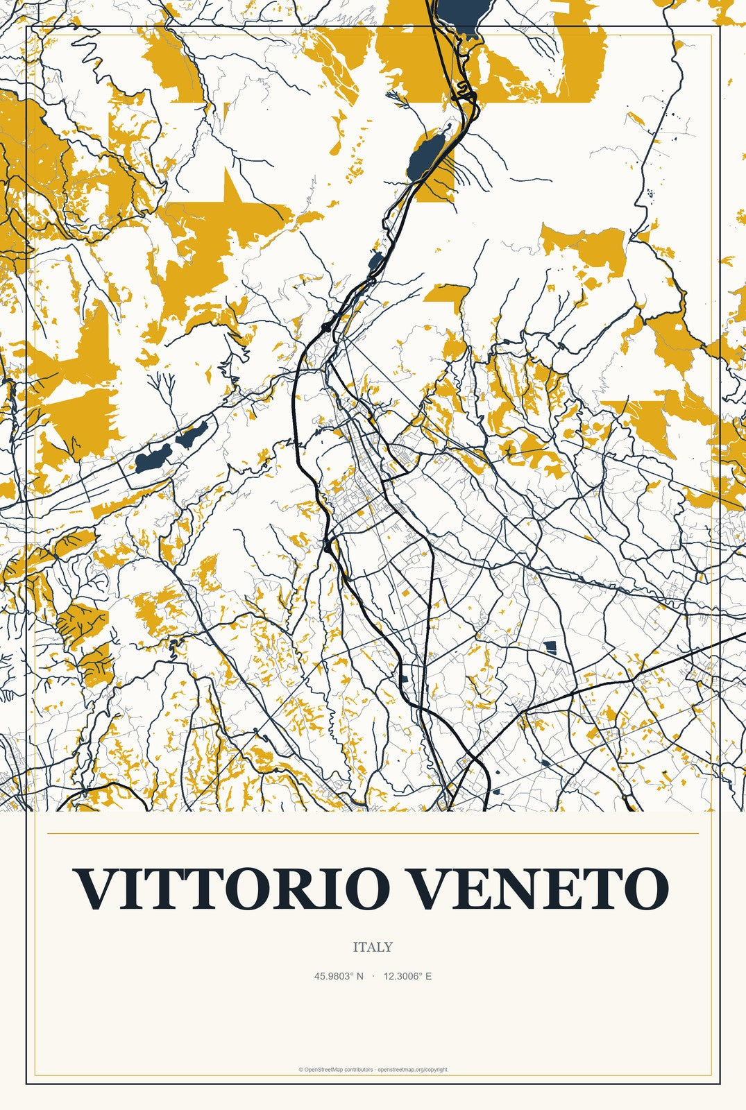 Vittorio Veneto, Italy City Map Aluminum Sign in Citrine Modern style