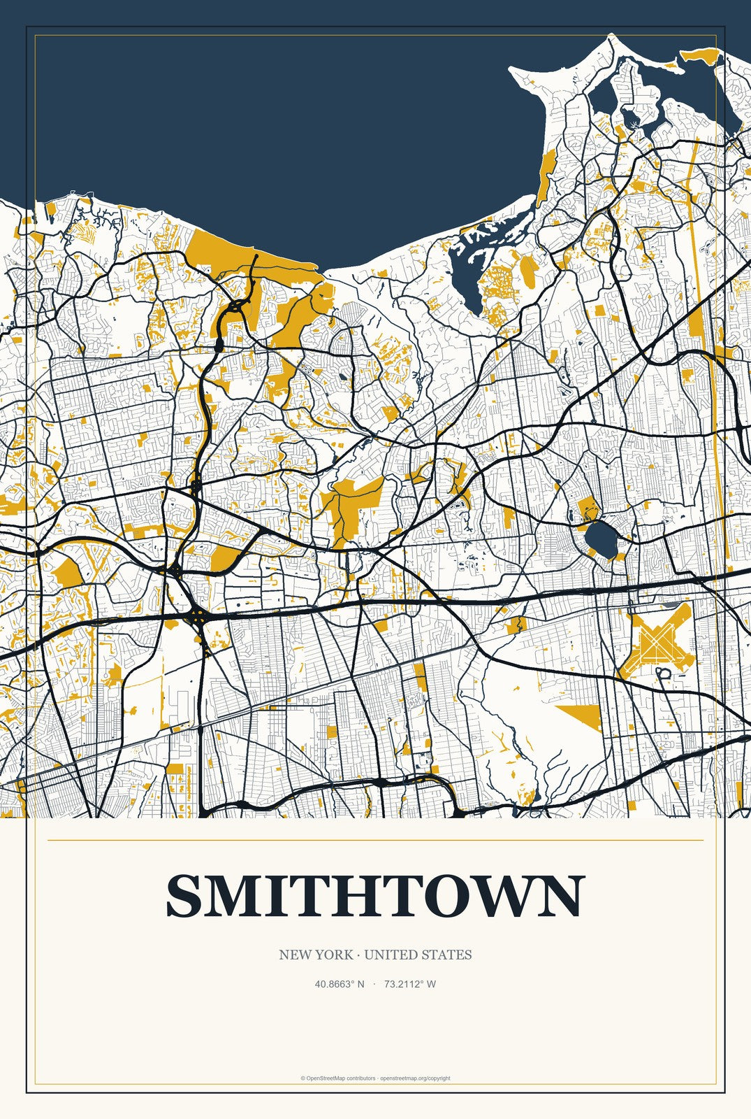 Smithtown, New York City Map Aluminum Sign in Citrine Modern style