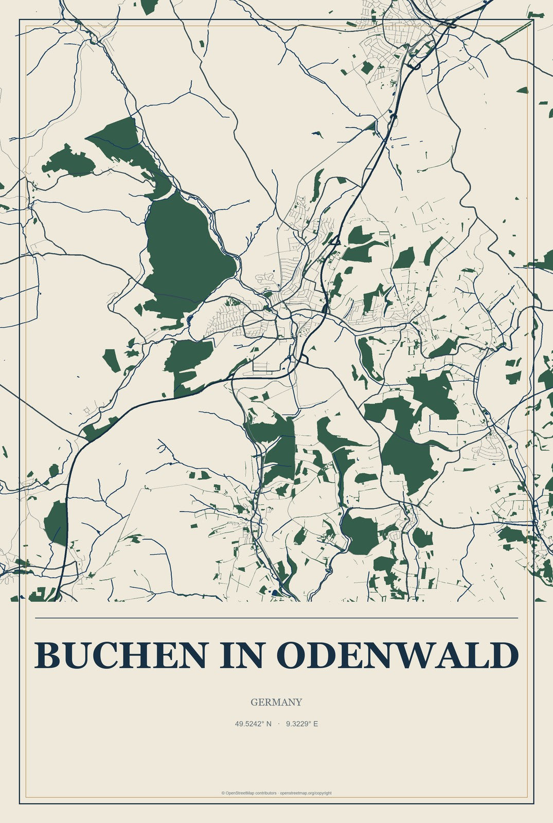 Buchen in Odenwald, Germany City Map Aluminum Sign in Coastal Cutout style
