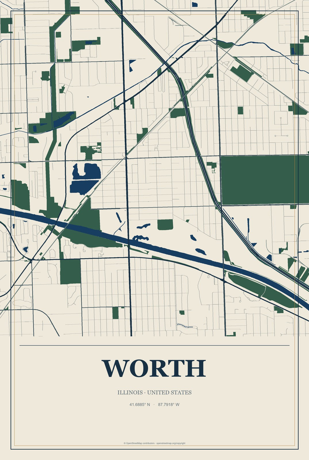 Worth, Illinois City Map Aluminum Sign in Coastal Cutout style