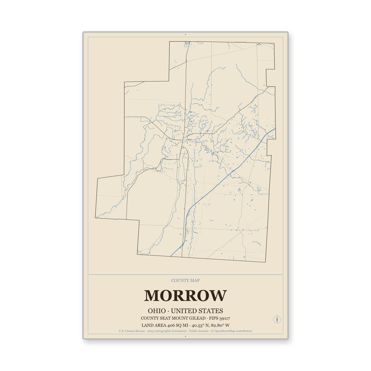 Morrow County, Ohio Map Aluminum Sign in Heritage Nautical style