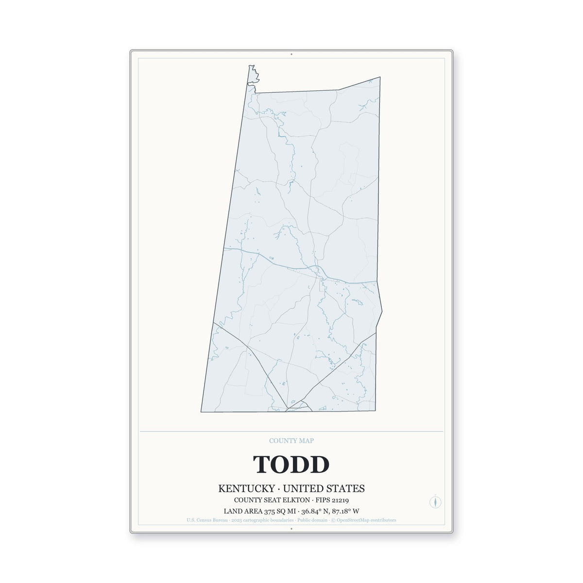 Todd County, Kentucky Map Aluminum Sign in Gallery Air style