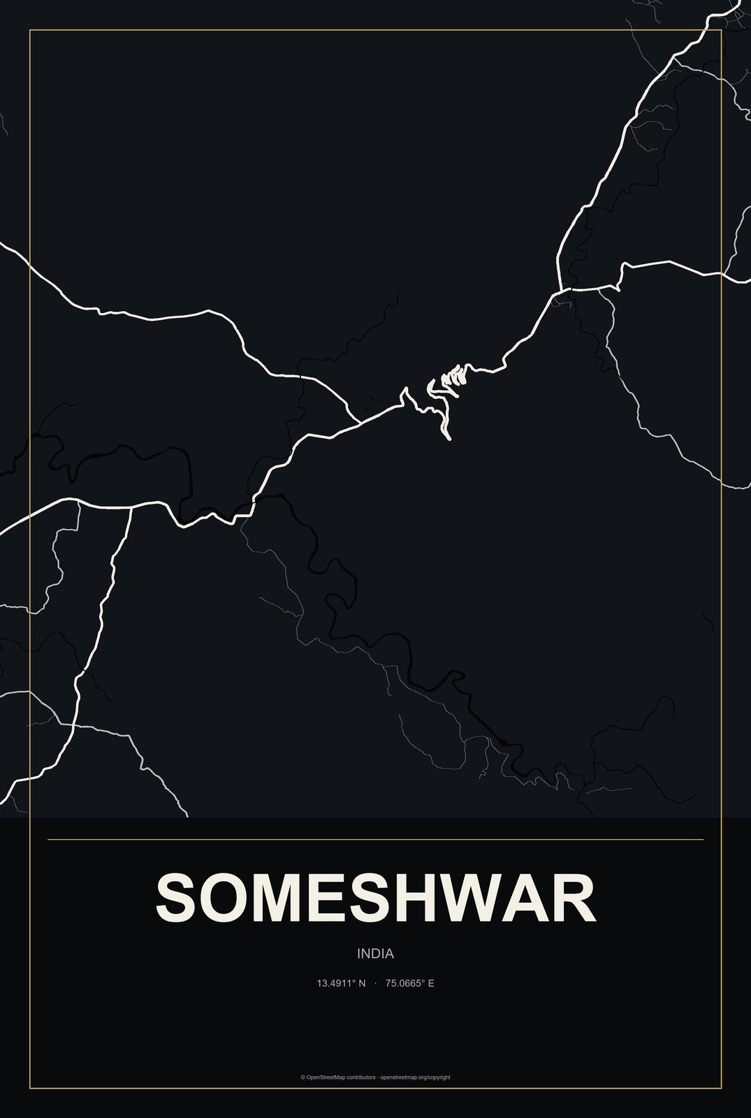 Someshwar, India City Map Aluminum Sign in Metropolitan Noir style