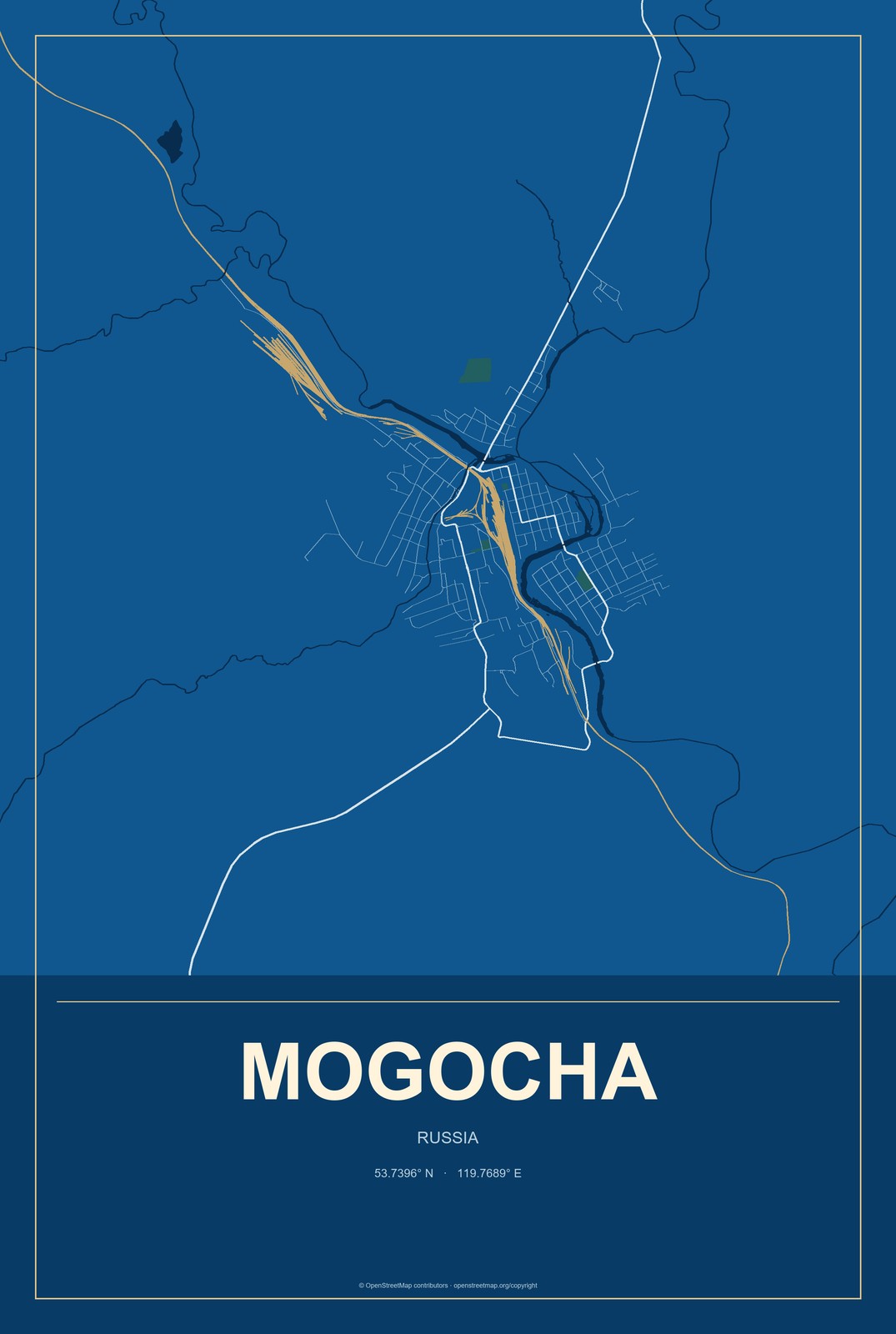 Mogocha, Russia City Map Aluminum Sign in Harbor Cobalt style