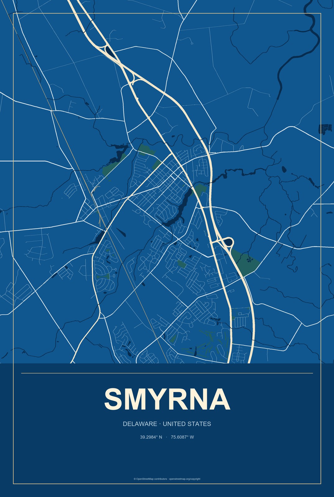 Smyrna, Delaware City Map Aluminum Sign in Harbor Cobalt style