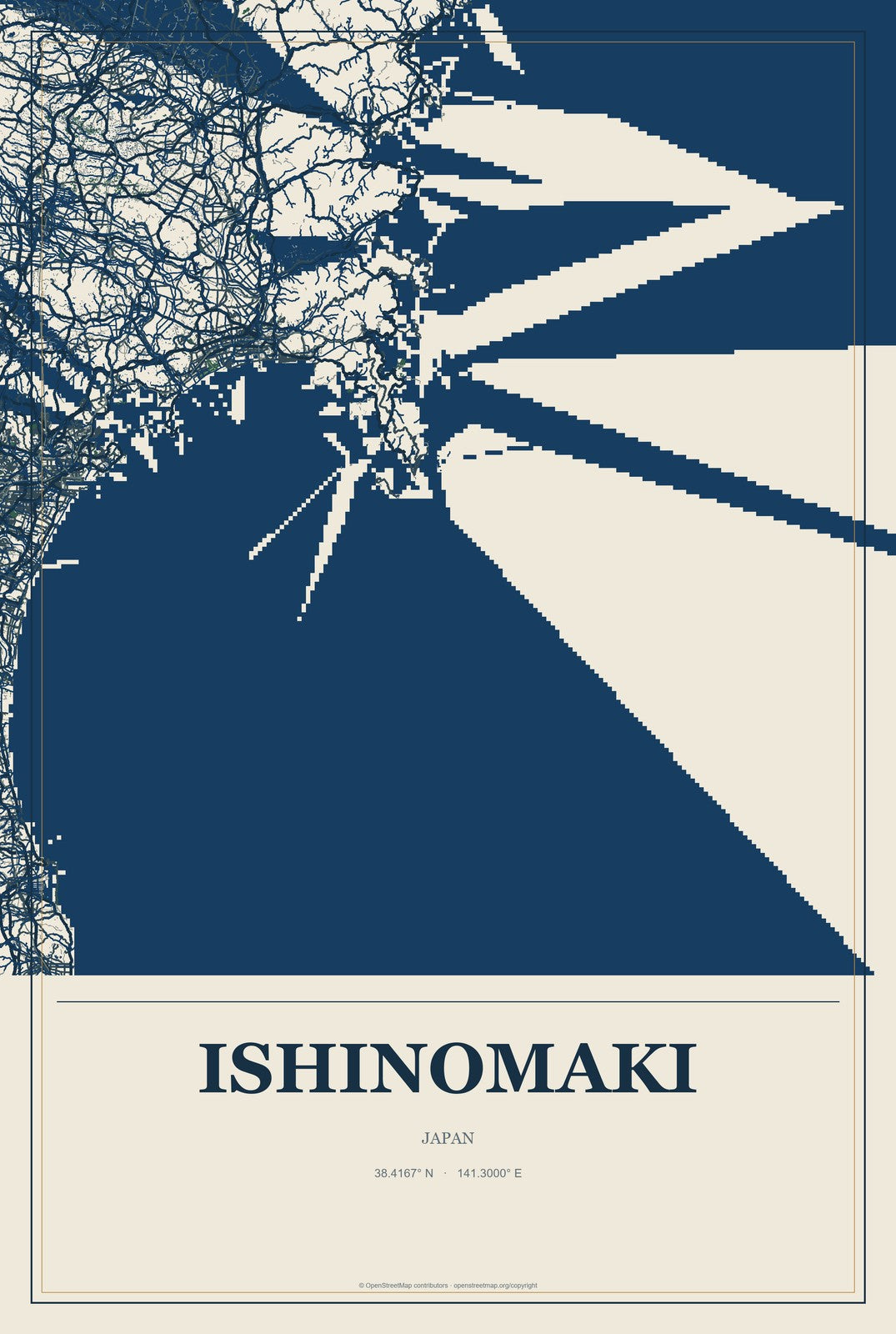Ishinomaki, Japan City Map Aluminum Sign in Coastal Cutout style