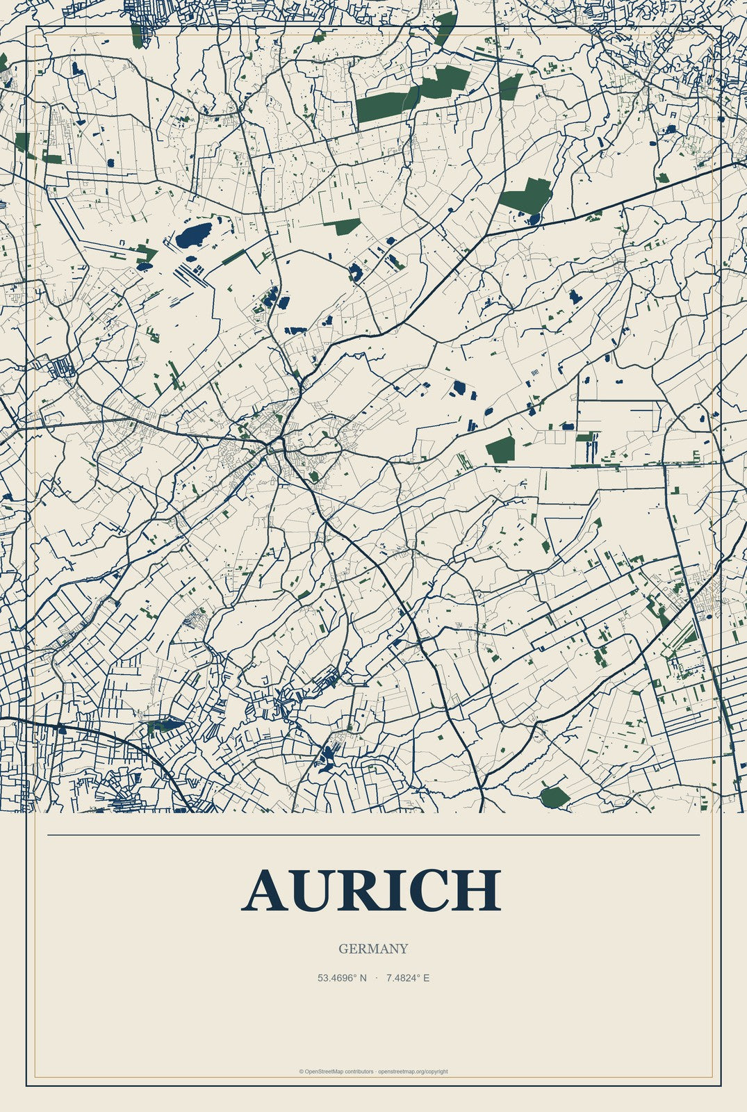 Aurich, Germany City Map Aluminum Sign in Coastal Cutout style