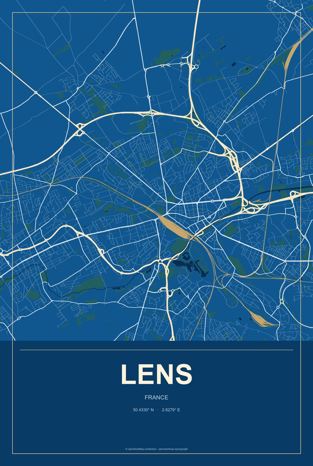 Lens, France City Map Aluminum Sign in Harbor Cobalt style