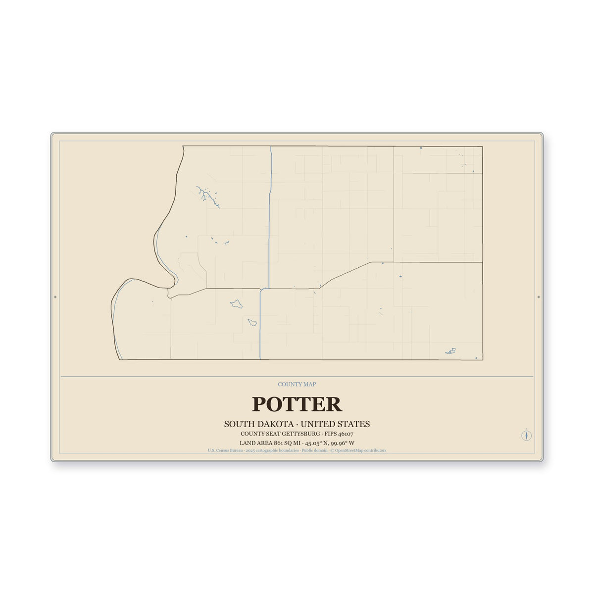 Potter County, South Dakota Map Aluminum Sign in Heritage Nautical style