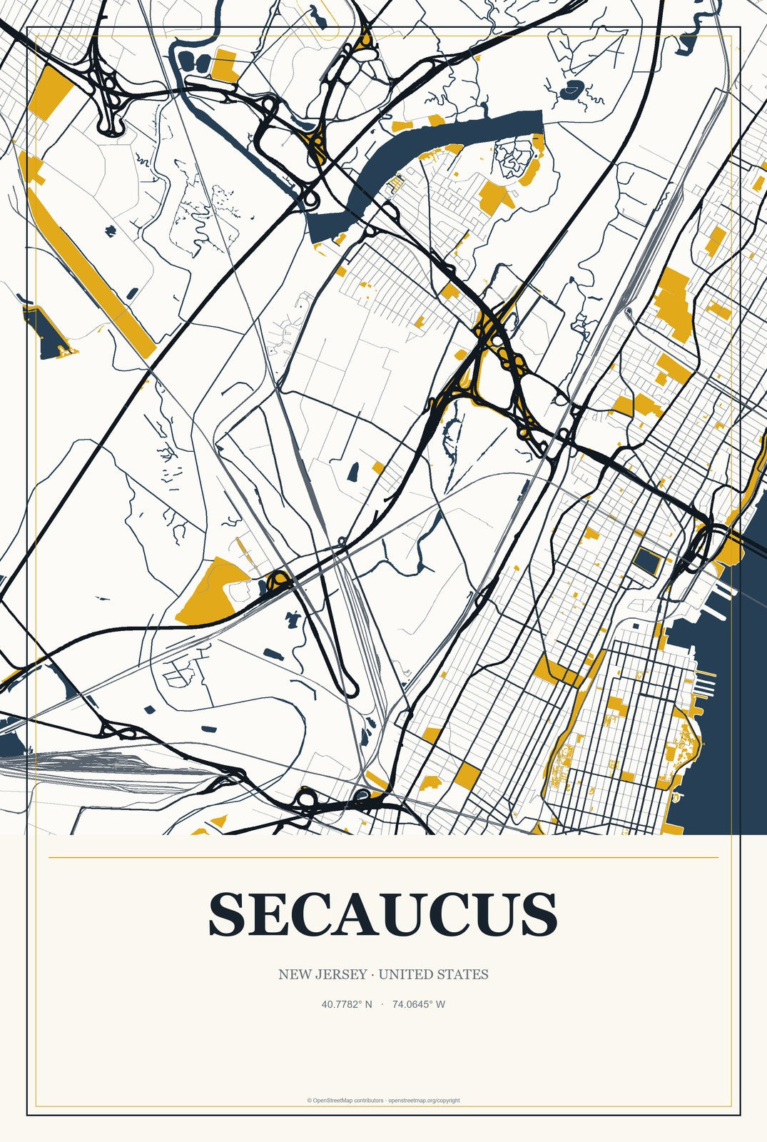 Secaucus, New Jersey City Map Aluminum Sign in Citrine Modern style