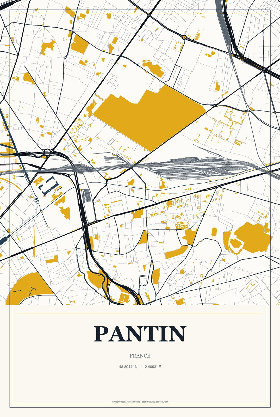Pantin, France City Map Aluminum Sign in Citrine Modern style