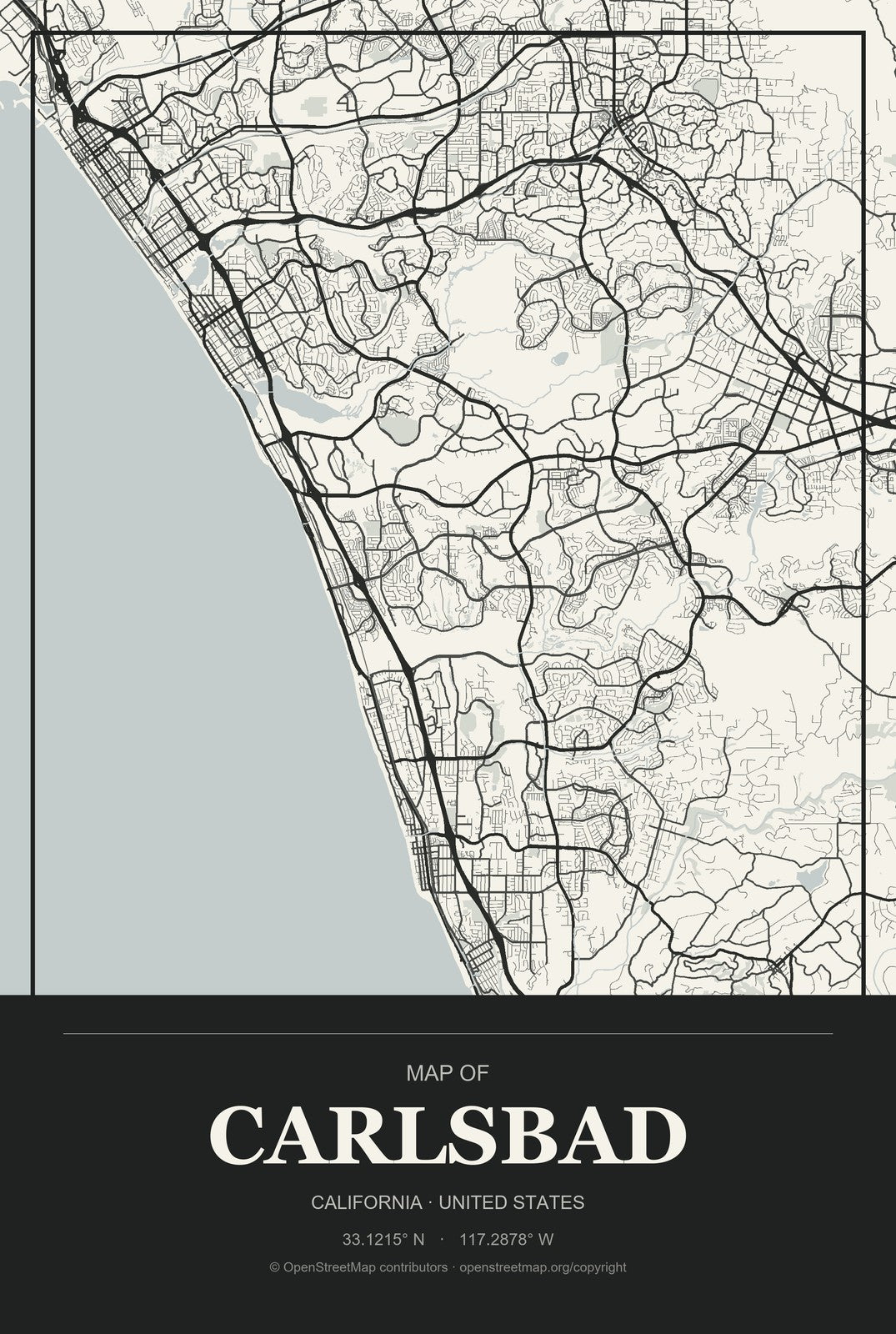 Carlsbad, California City Map Aluminum Sign in Museum Plaque style