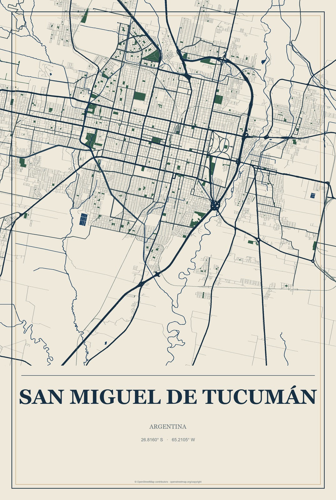 San Miguel de Tucumán, Argentina City Map Aluminum Sign in Coastal Cutout style