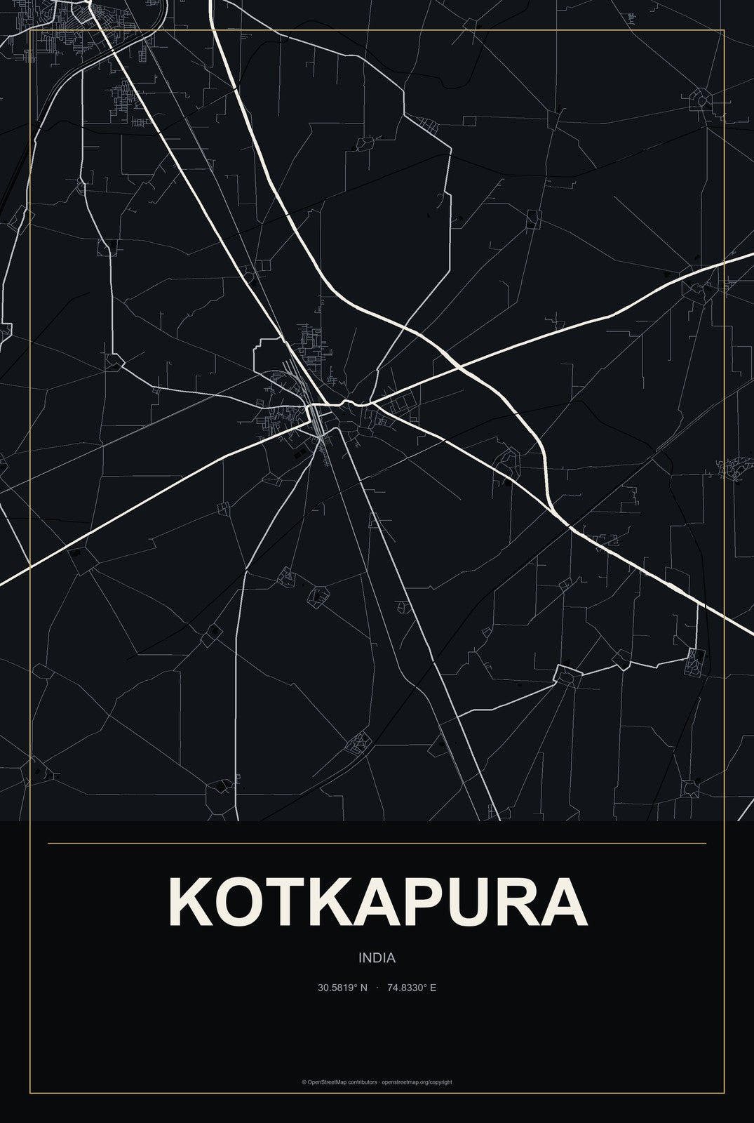 Kotkapura, India City Map Aluminum Sign in Metropolitan Noir style