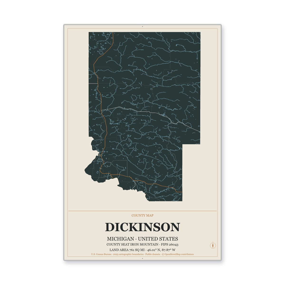 Dickinson County, Michigan Map Aluminum Sign in Headline Atlas style