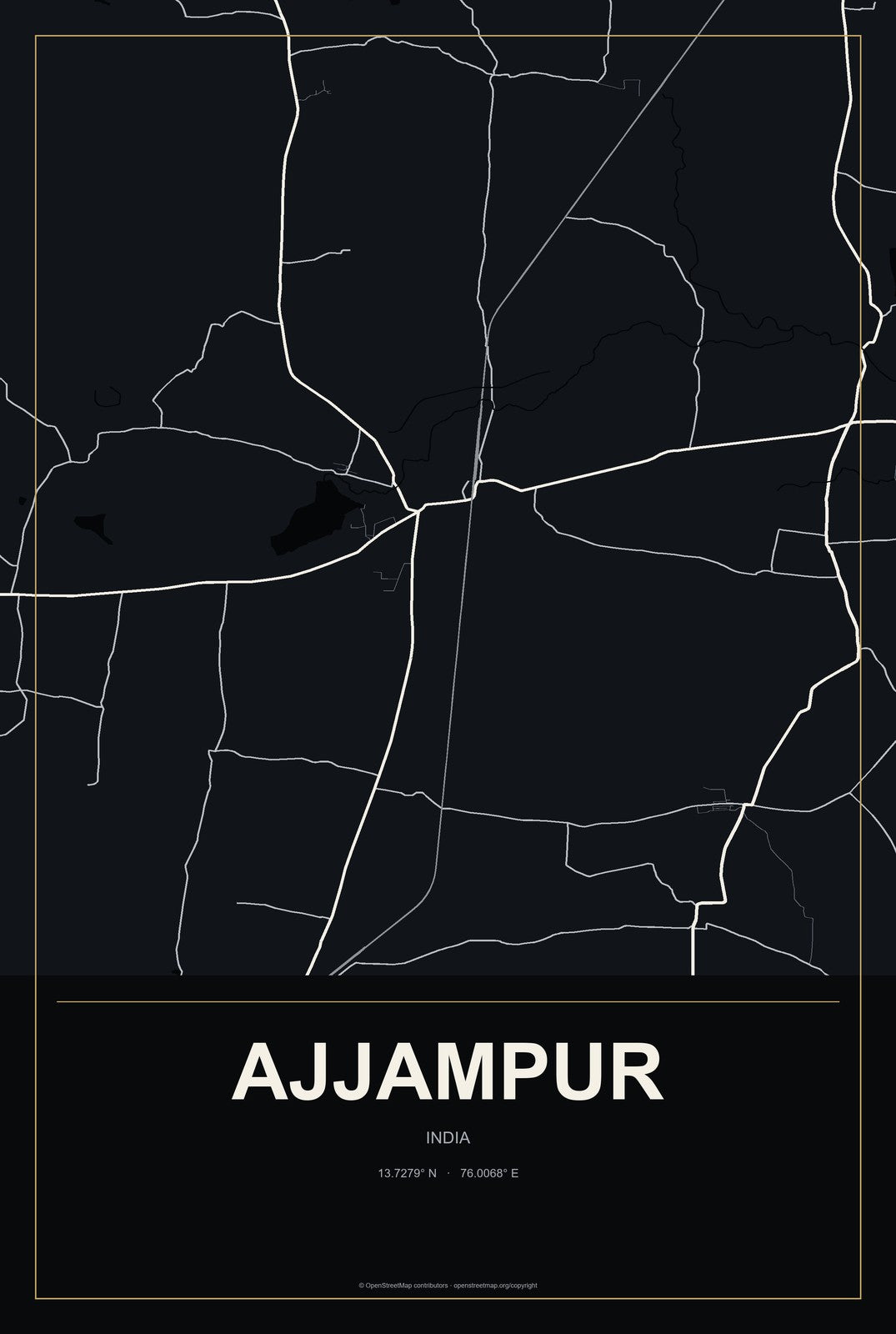 Ajjampur, India City Map Aluminum Sign in Metropolitan Noir style