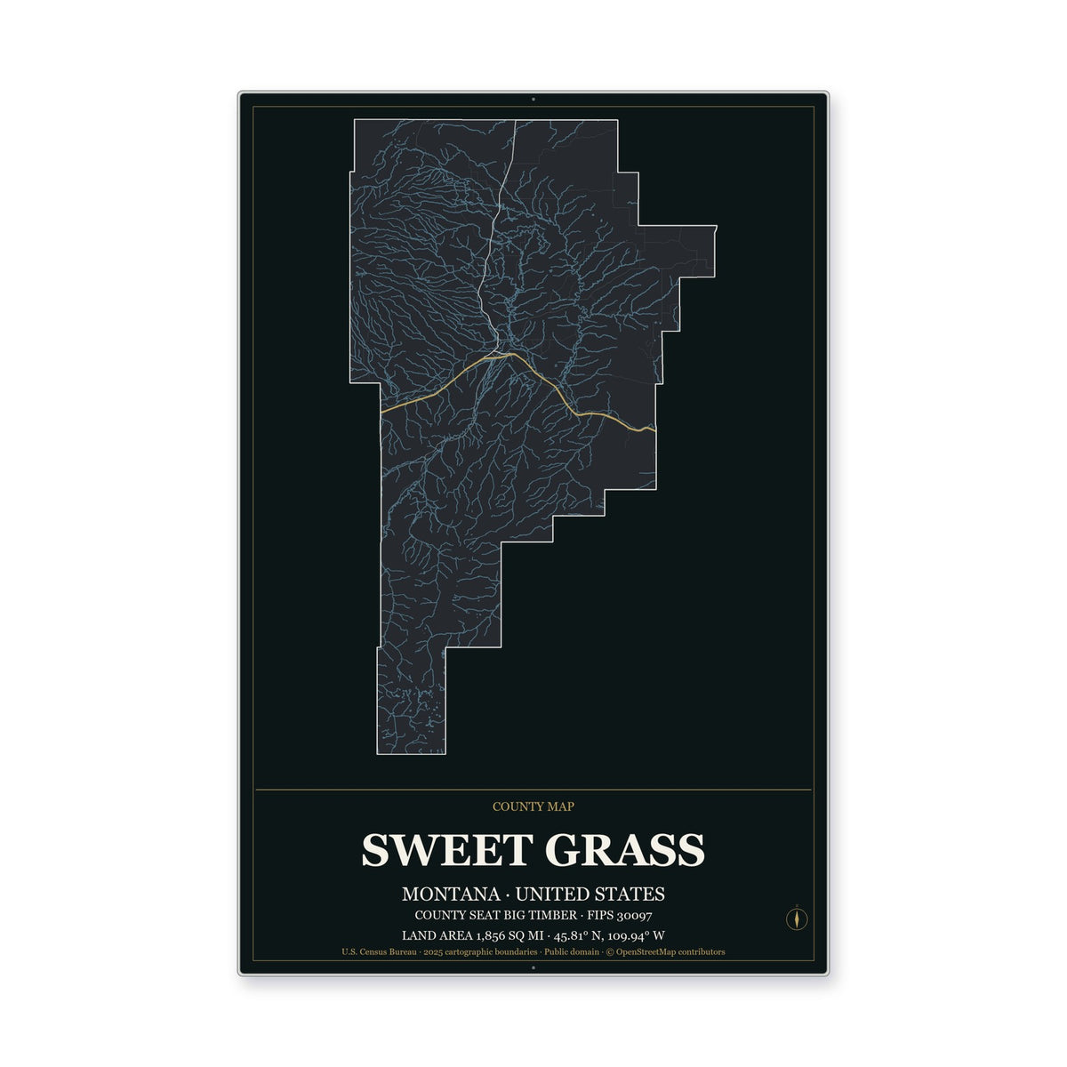 Sweet Grass County, Montana Map Aluminum Sign in Metropolitan Noir style