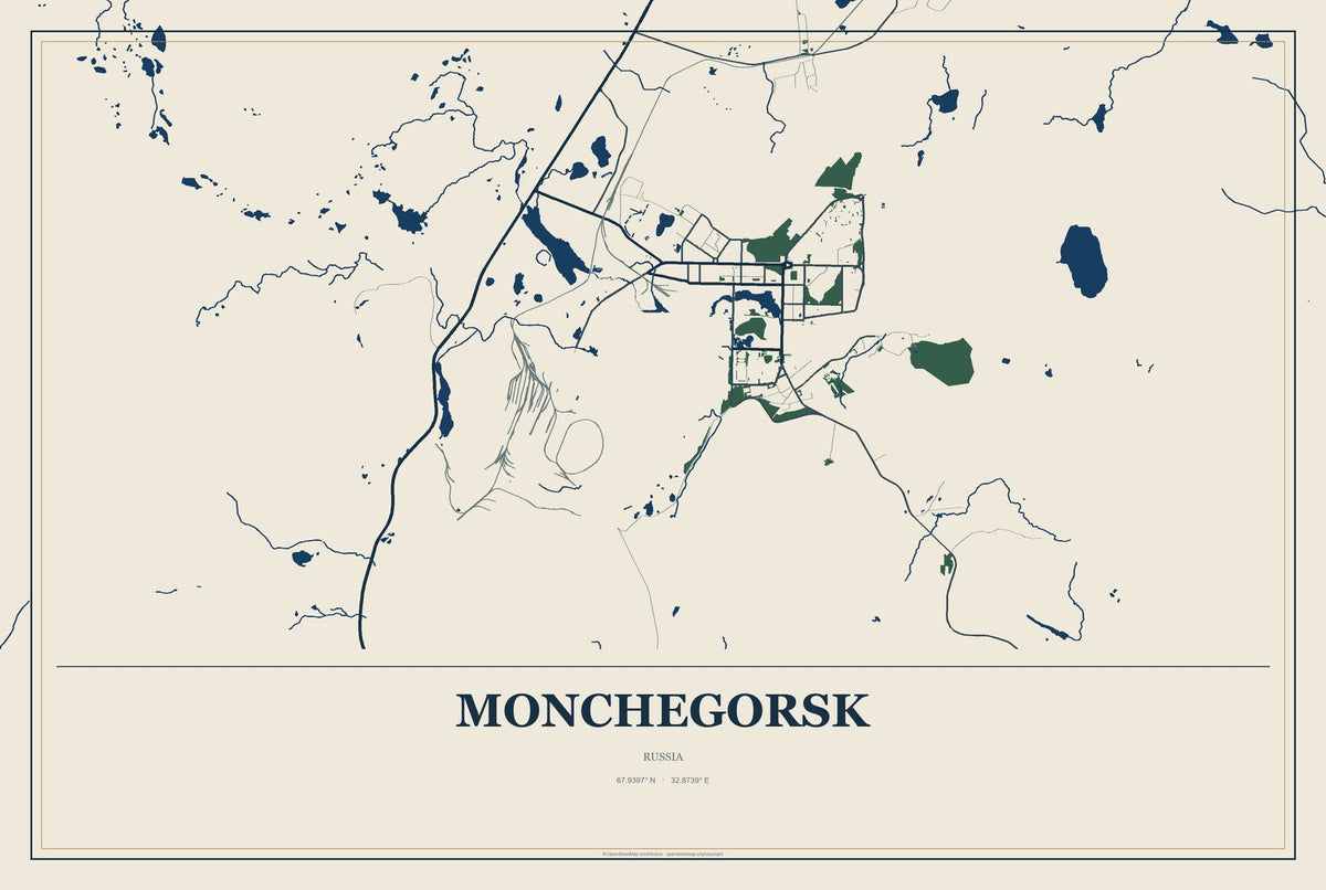Monchegorsk, Russia City Map Aluminum Sign in Coastal Cutout style