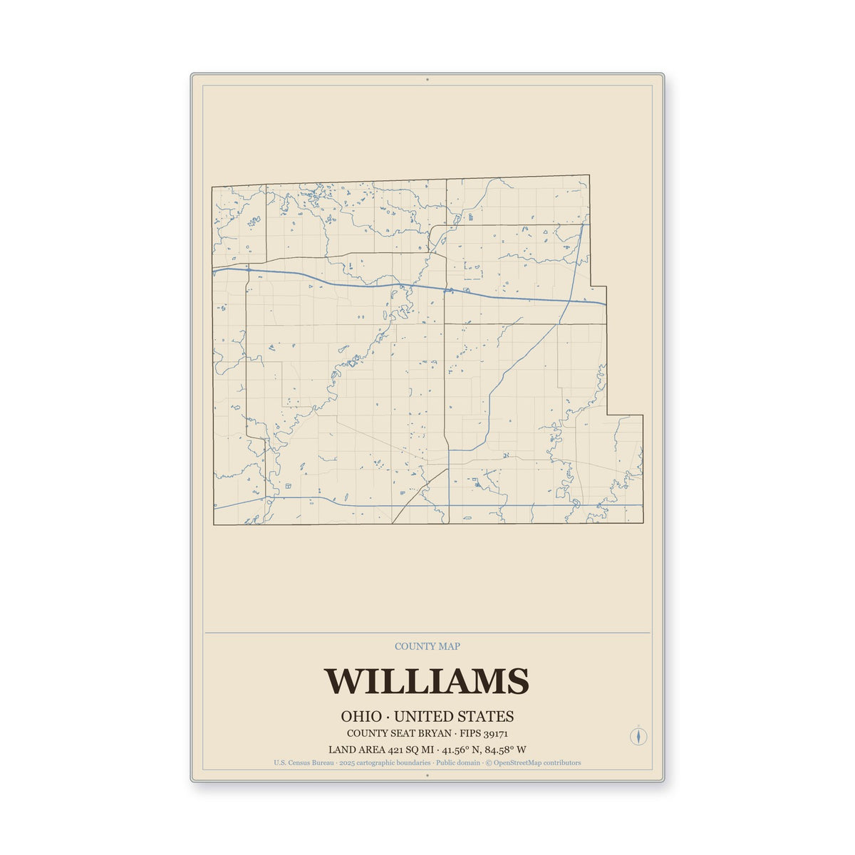 Williams County, Ohio Map Aluminum Sign in Heritage Nautical style