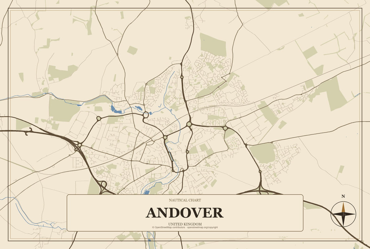 Andover, United Kingdom City Map Aluminum Sign in Heritage Nautical style