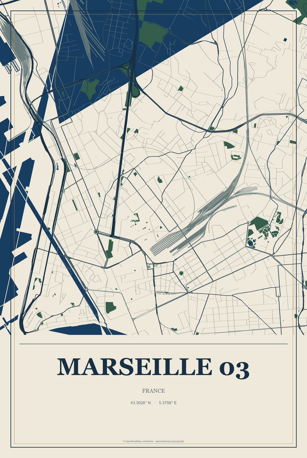 Marseille 03, France City Map Aluminum Sign in Coastal Cutout style