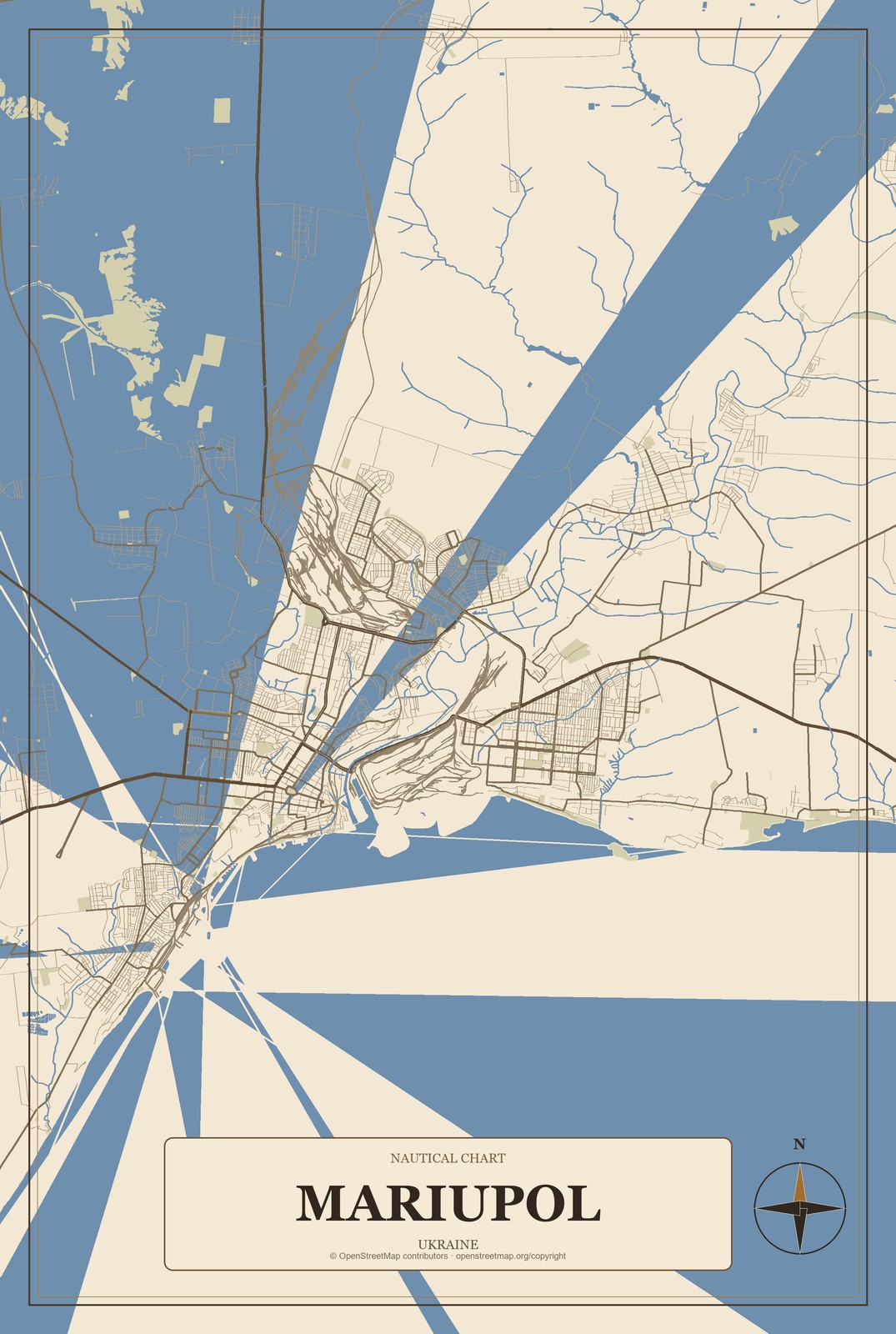 Mariupol, Ukraine City Map Aluminum Sign in Heritage Nautical style