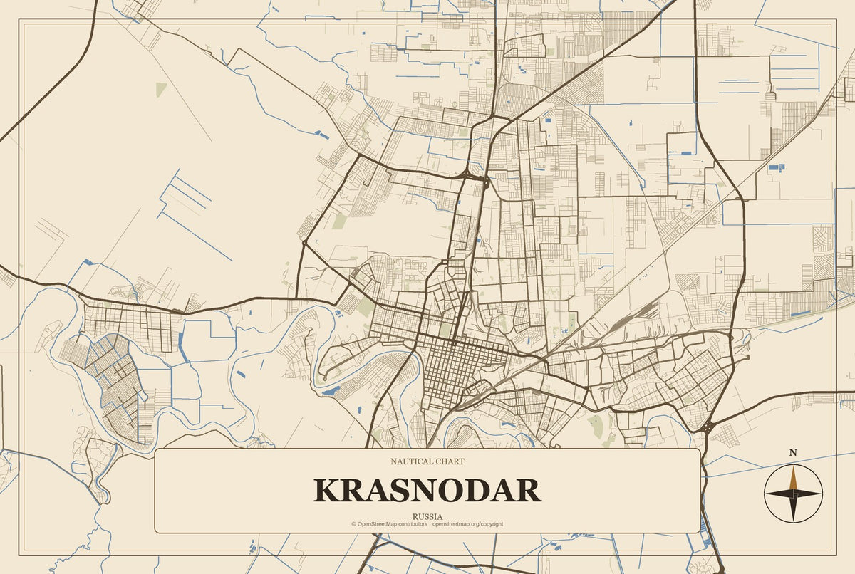 Krasnodar, Russia City Map Aluminum Sign in Heritage Nautical style