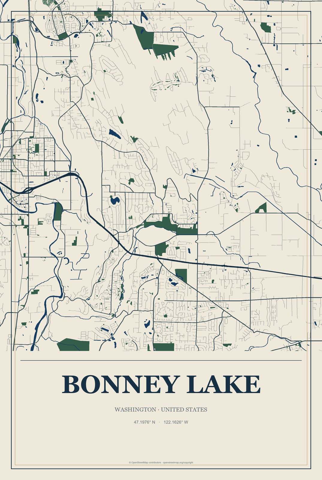 Bonney Lake, Washington City Map Aluminum Sign in Coastal Cutout style