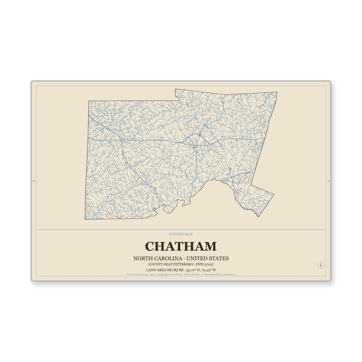 Chatham County, North Carolina Map Aluminum Sign in Heritage Nautical style
