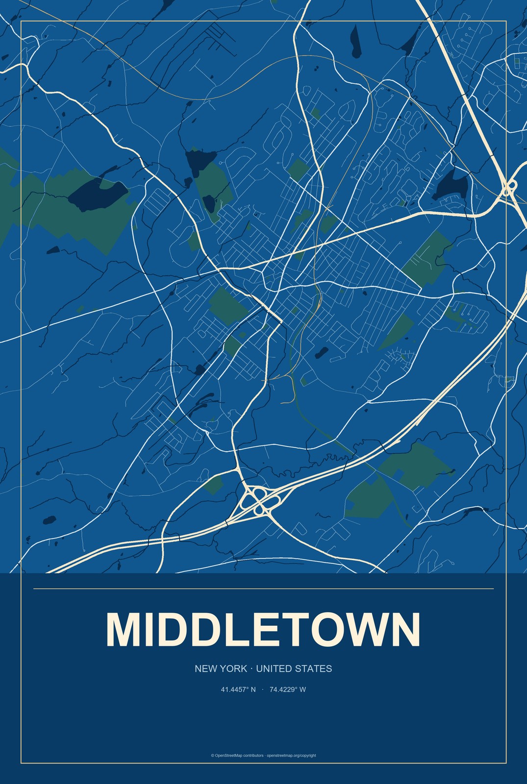 Middletown, New York City Map Aluminum Sign in Harbor Cobalt style