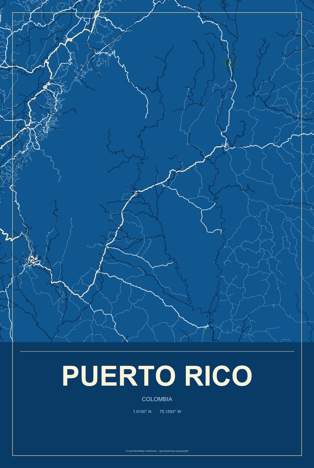 Puerto Rico, Colombia City Map Aluminum Sign in Harbor Cobalt style