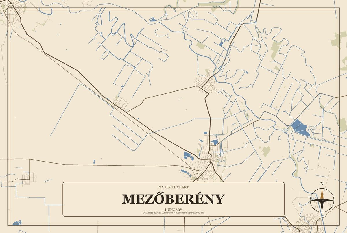 Mezőberény, Hungary City Map Aluminum Sign in Heritage Nautical style