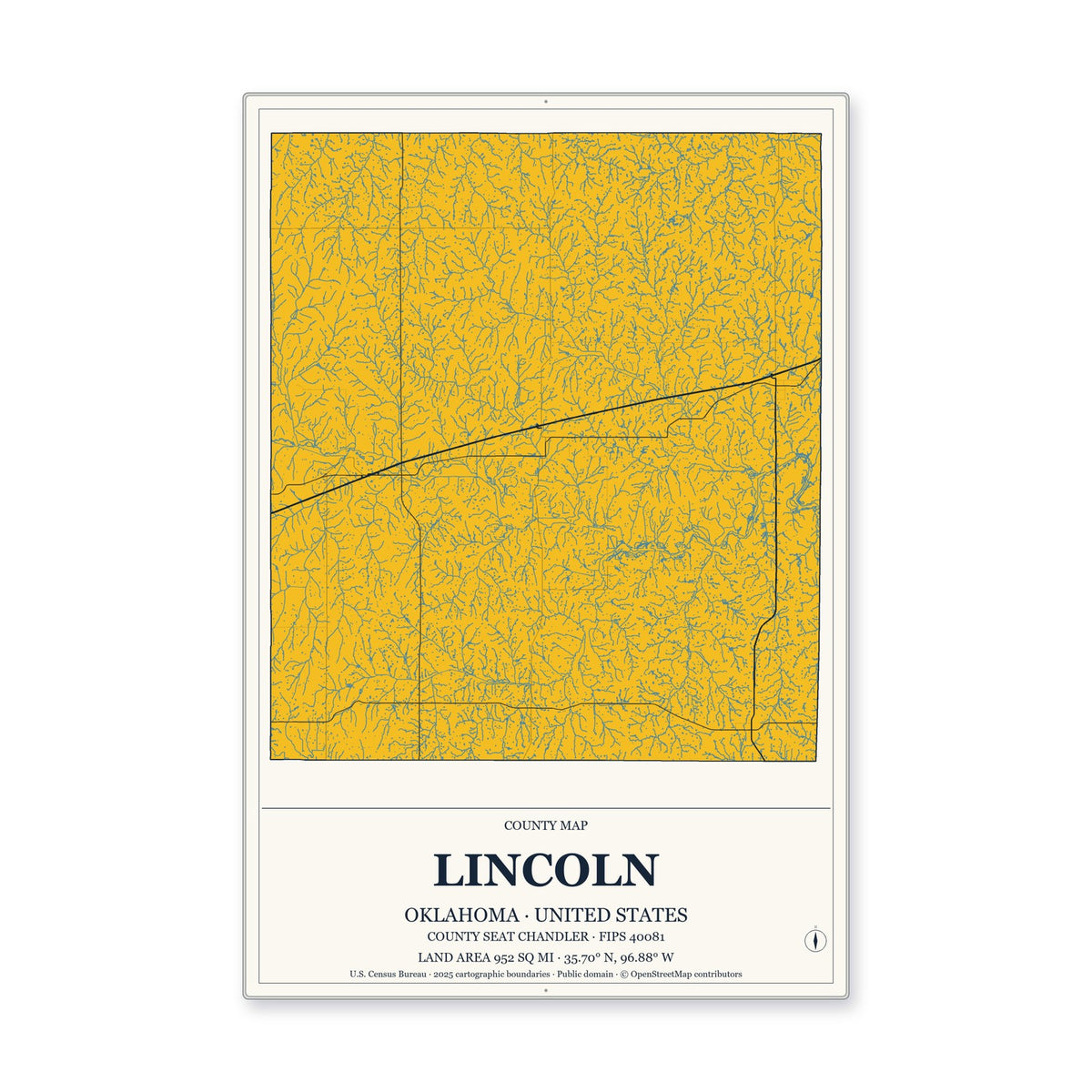 Lincoln County, Oklahoma Map Aluminum Sign in Citrine Modern style