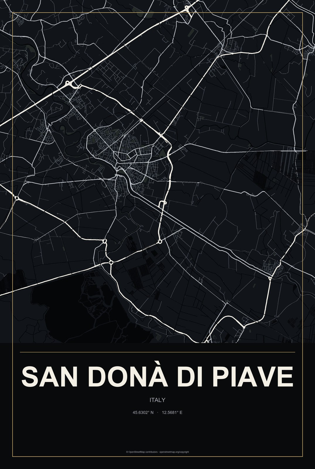 San Donà di Piave, Italy City Map Aluminum Sign in Metropolitan Noir style