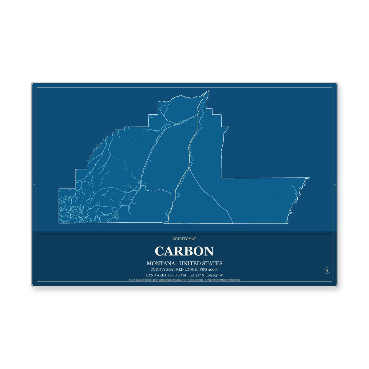 Carbon County, Montana Map Aluminum Sign in Harbor Cobalt style
