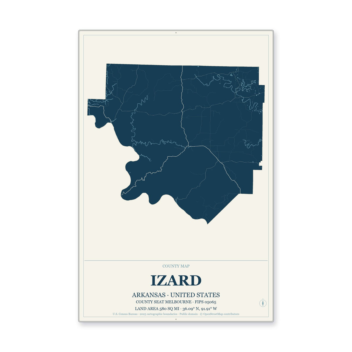 Izard County, Arkansas Map Aluminum Sign in Coastal Cutout style