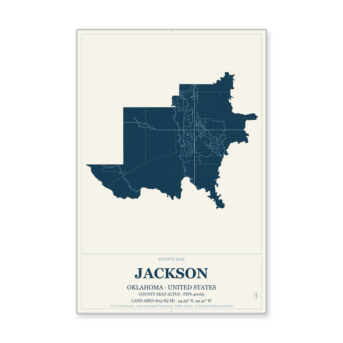 Jackson County, Oklahoma Map Aluminum Sign in Coastal Cutout style