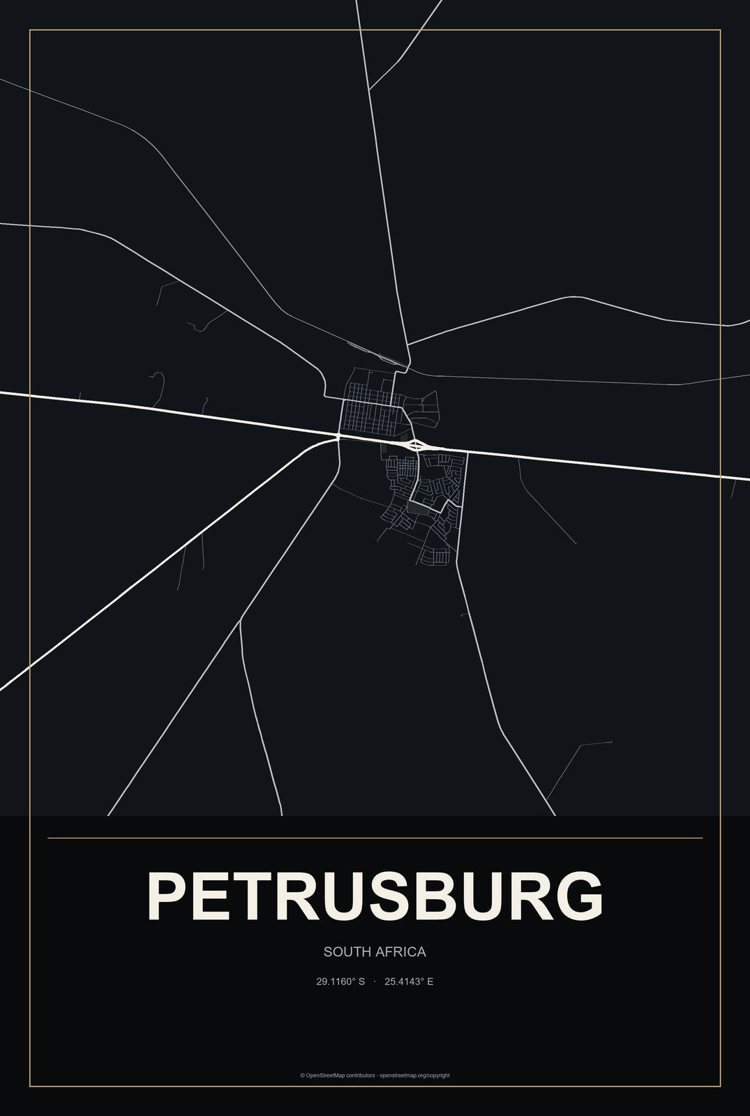 Petrusburg, South Africa City Map Aluminum Sign in Metropolitan Noir style