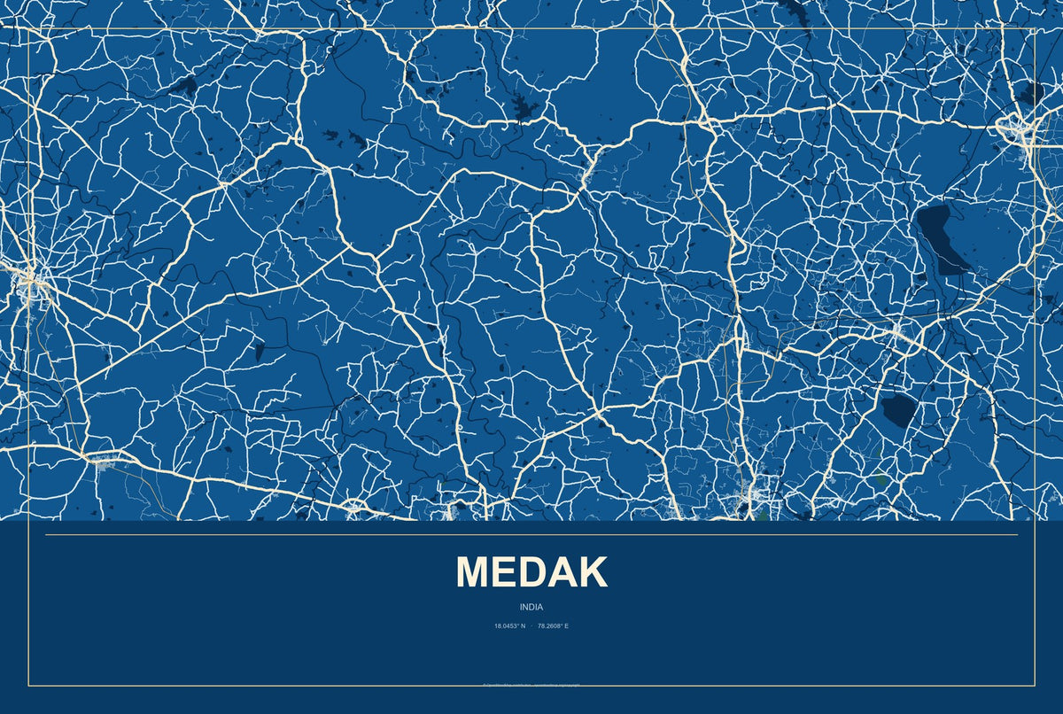 Medak, India City Map Aluminum Sign in Harbor Cobalt style