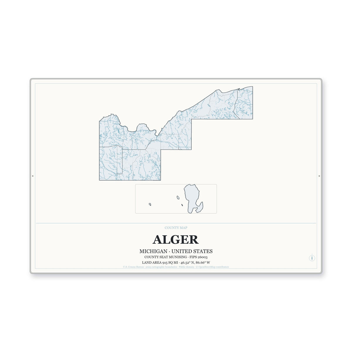 Alger County, Michigan Map Aluminum Sign in Gallery Air style