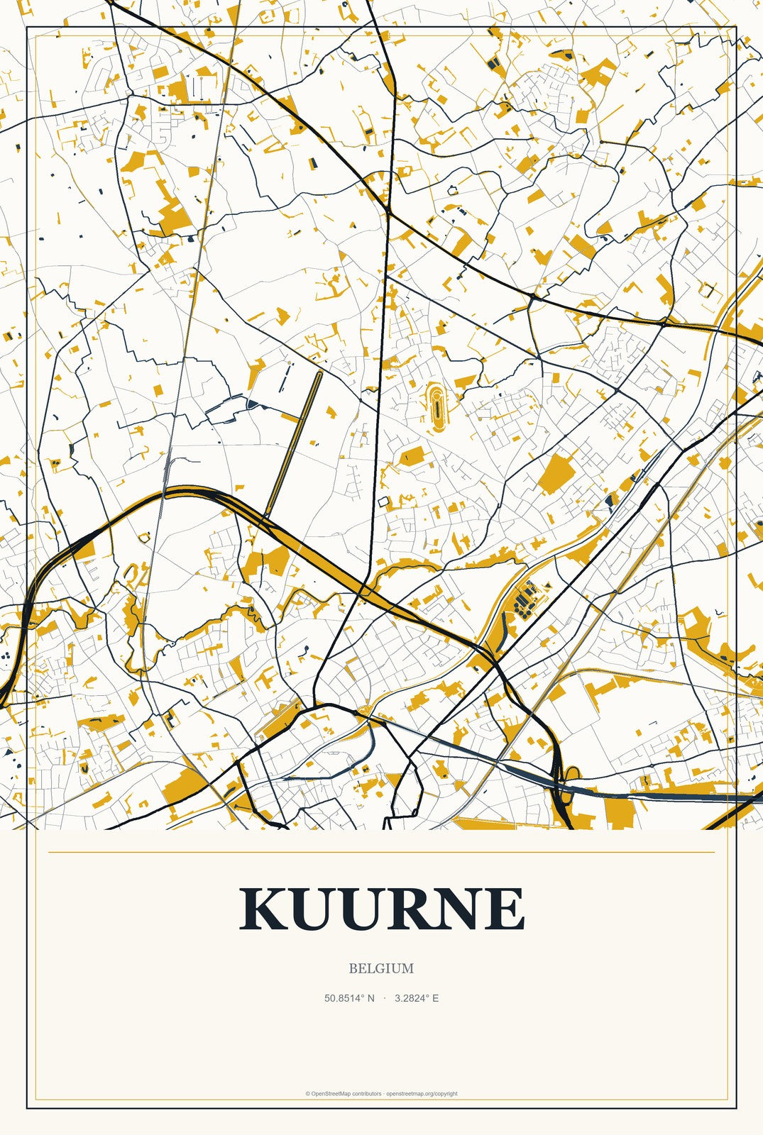 Kuurne, Belgium City Map Aluminum Sign in Citrine Modern style