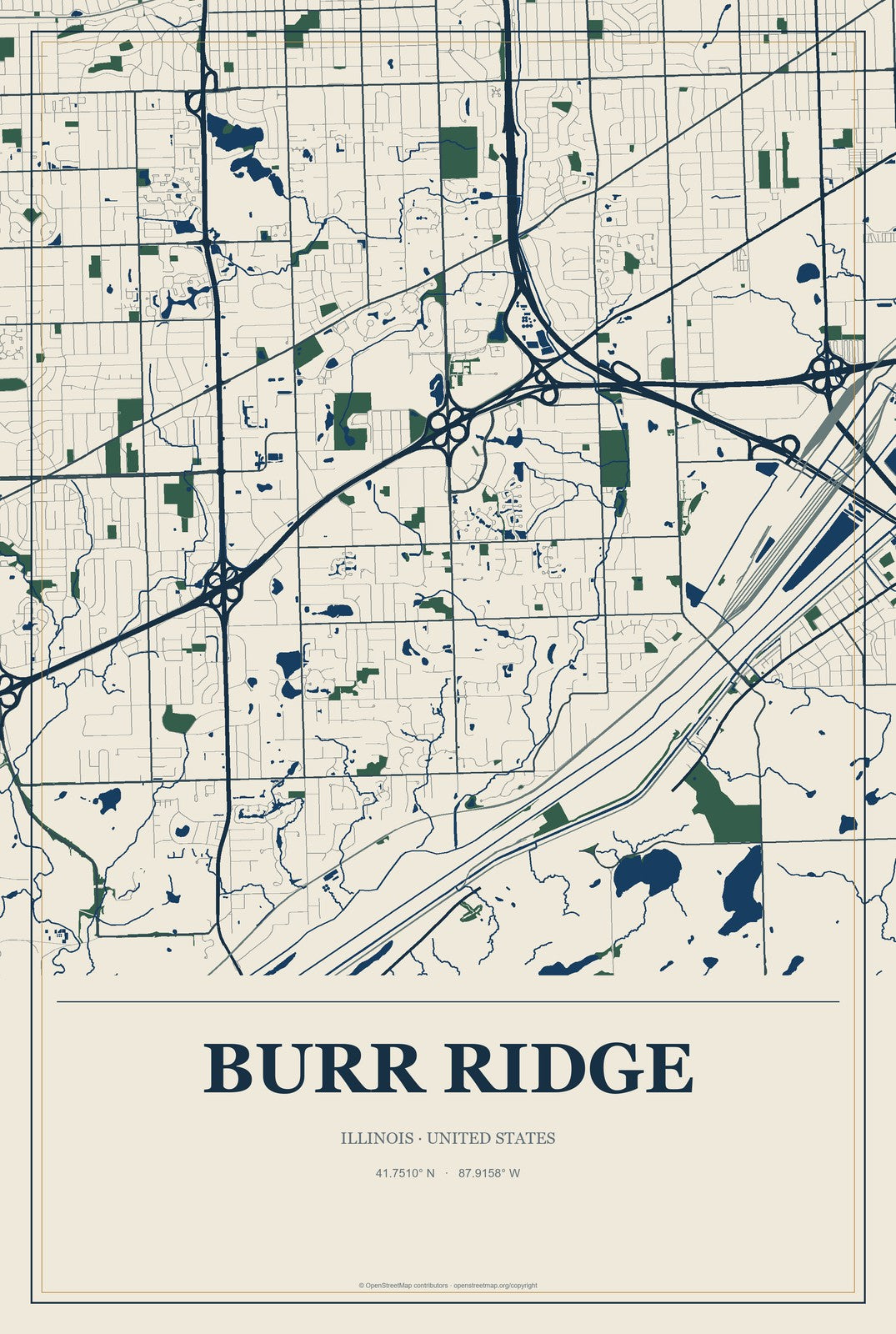 Burr Ridge, Illinois City Map Aluminum Sign in Coastal Cutout style